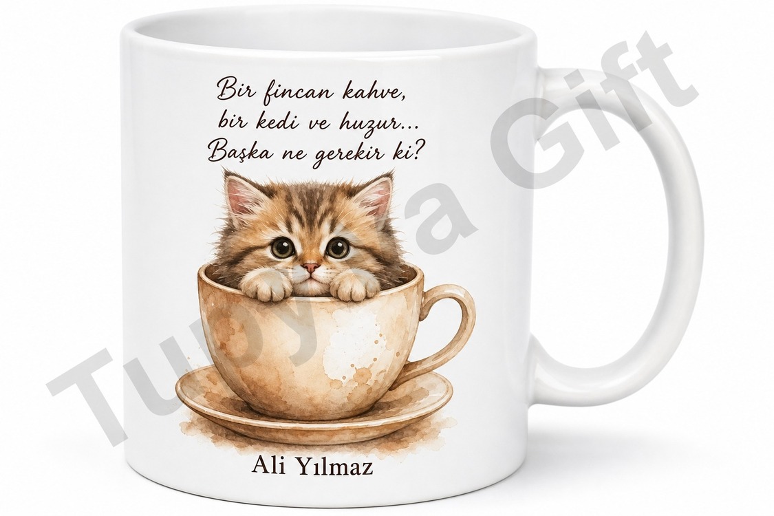 Kahve Fincanı İçinde Kedi Baskılı Kupa Bardak Kedi Severler İçin Hediye