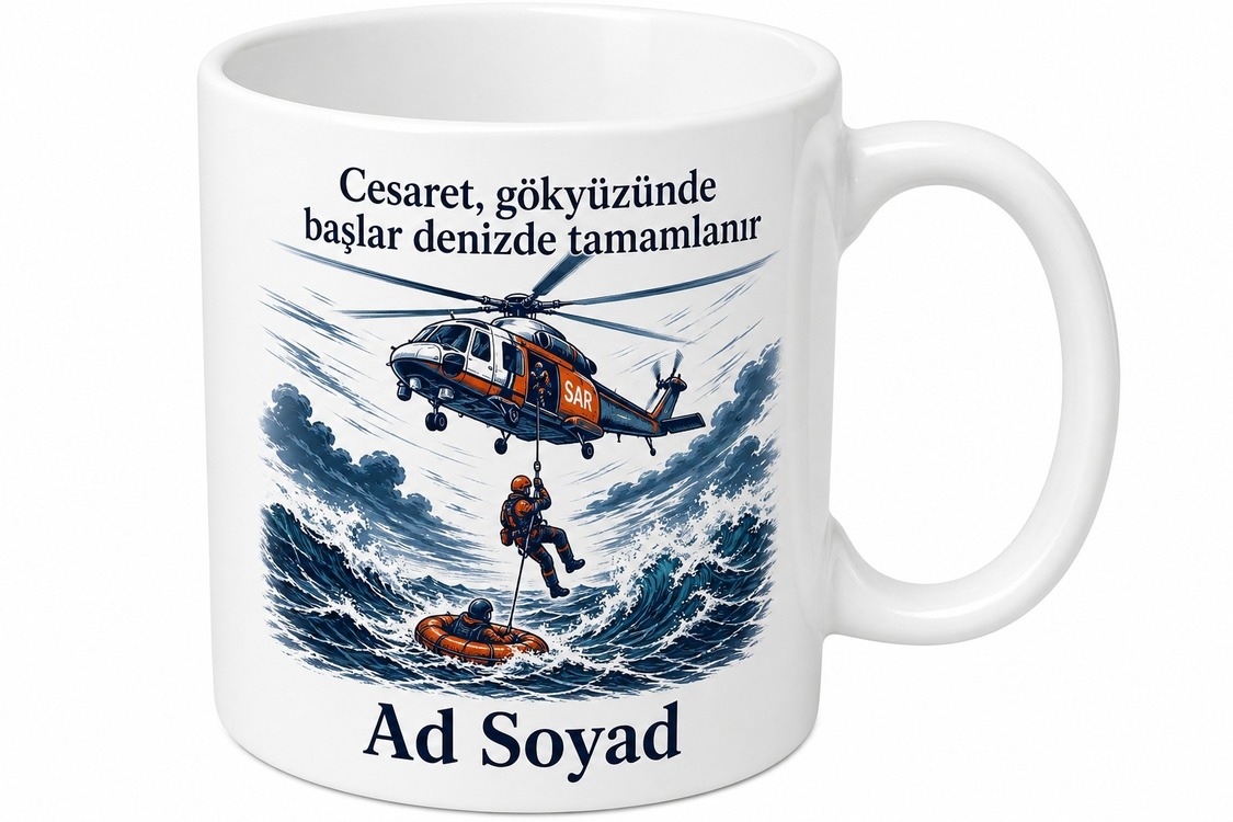 Helikopterle Kurtarma Dalıcısı Gökyüzünden Suya İnen İsme Özel Kupa Bardak Hediye