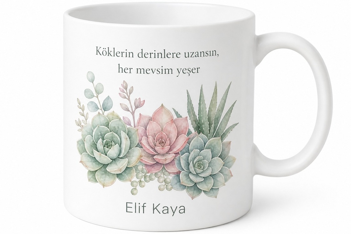 Sukulent Temalı Baskılı Kupa Bardak Hediye Özel Tasarım Porselen Mug