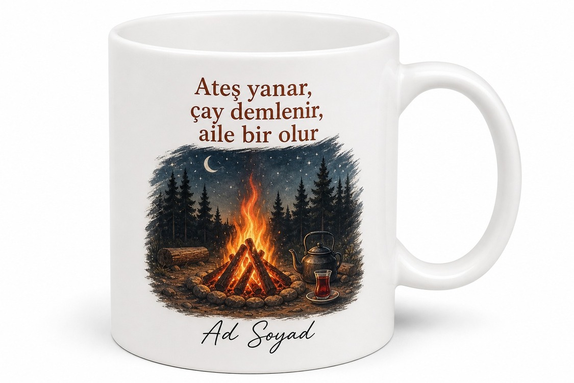 Kamp Severlere Kamp Ateşi Temalı Baskılı Porselen Kupa Bardak Aile Hediye