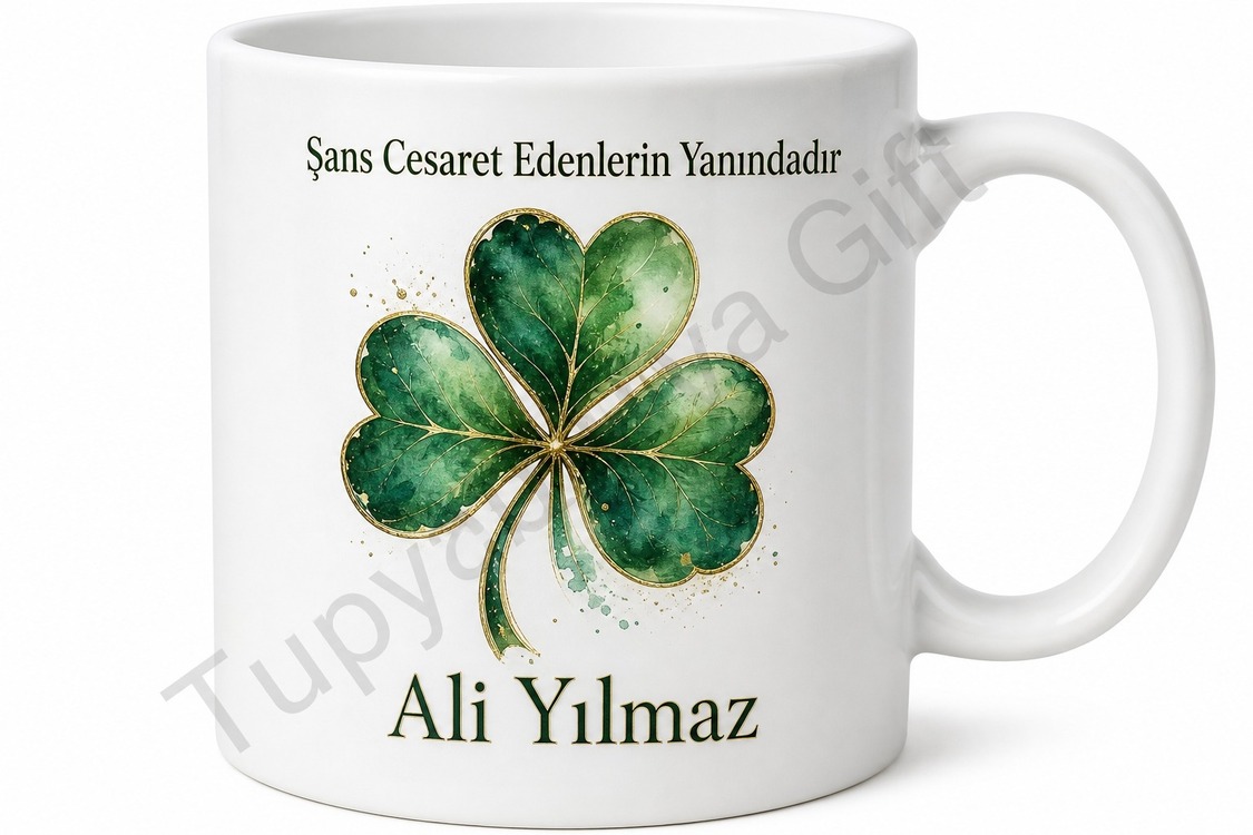 Dört Yapraklı Yonca Baskılı Kupa Bardak Şans Hediye Özel Tasarım Mug
