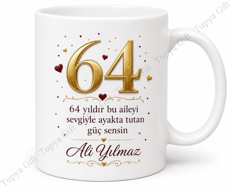 Aileye Hediye Tasarımlı 64 Yaş Doğum Günü Kupa Bardak Özel Baskı