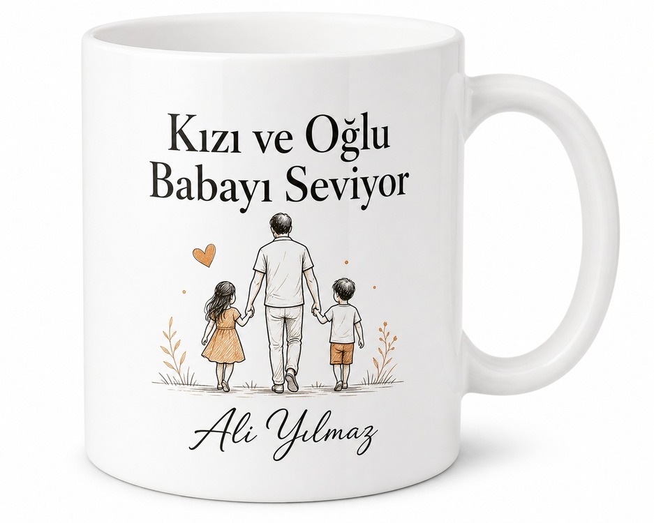 Kızı ve Oğlu Babayı Seviyor Yazılı Kupa Bardak Babalar Günü Hediye
