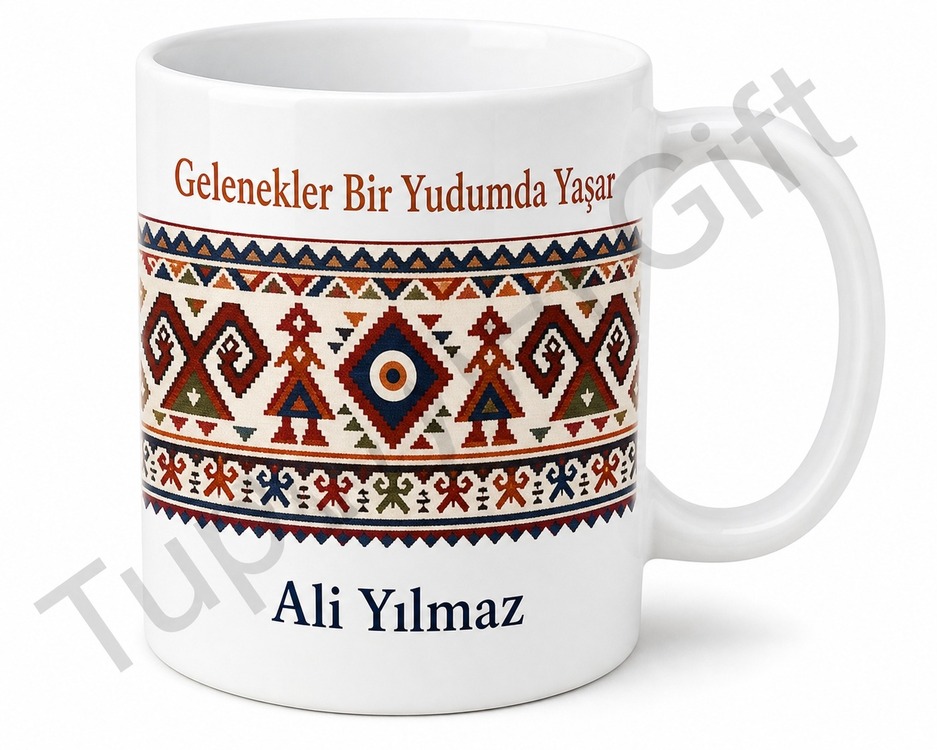 Kilim Deseni Baskılı Porselen Kupa Bardak Geleneksel Motif Hediye