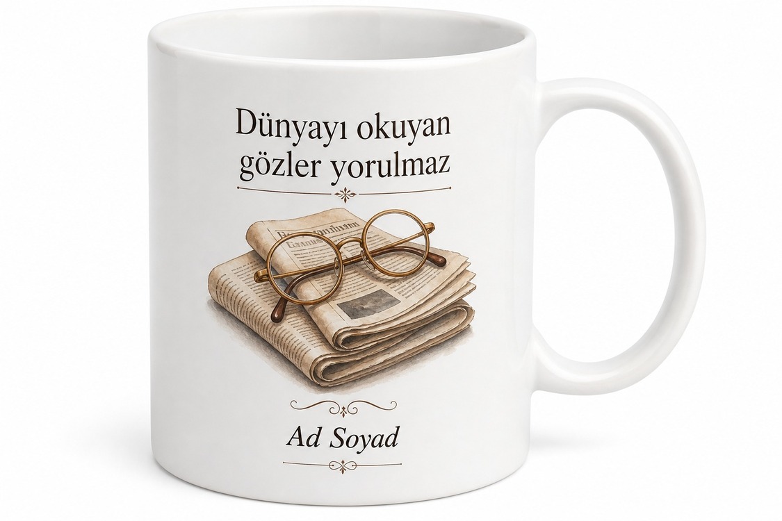 Gazete ve Gözlük Çizimli Entel Emekli Kupa Bardak Emekliye Özel Hediye