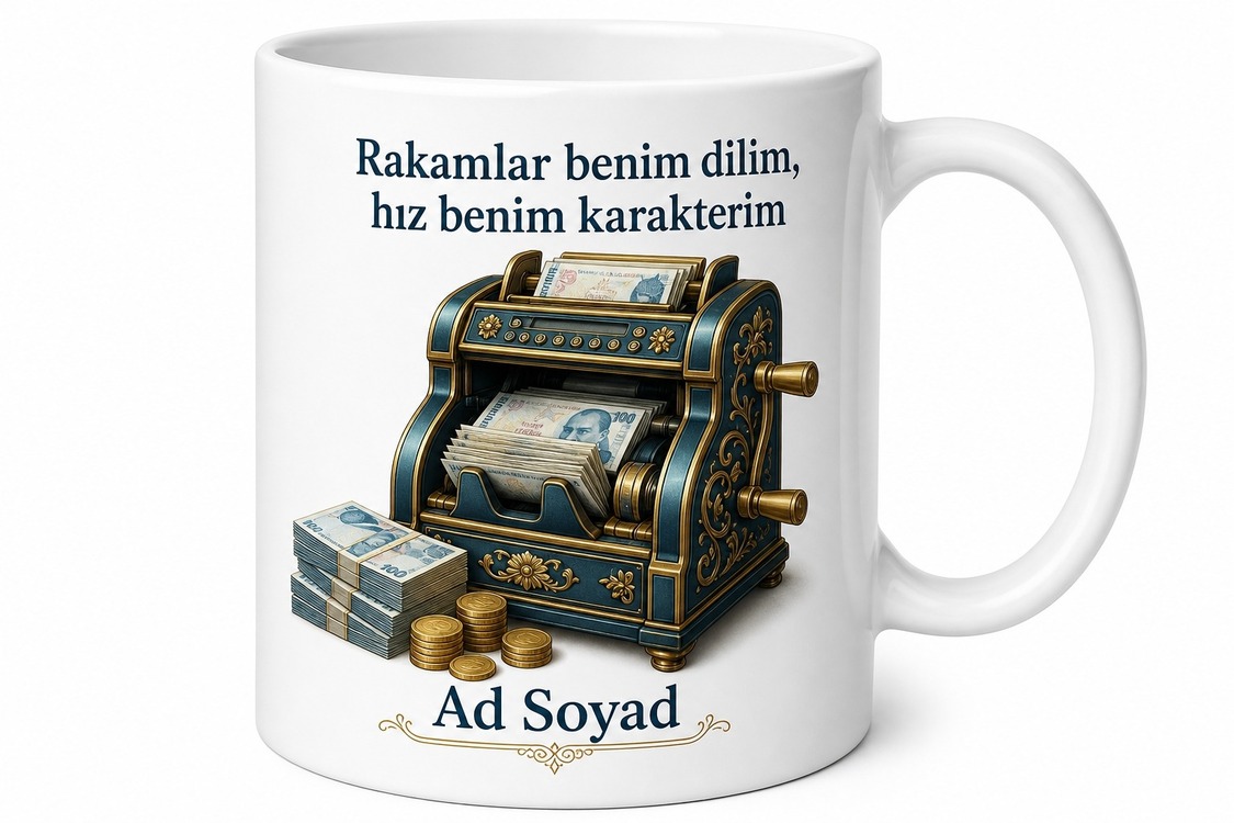 Bankacı Gişe Memuruna Hediye Para Sayma Makinesi Temalı Özel Tasarım Kupa Bardak