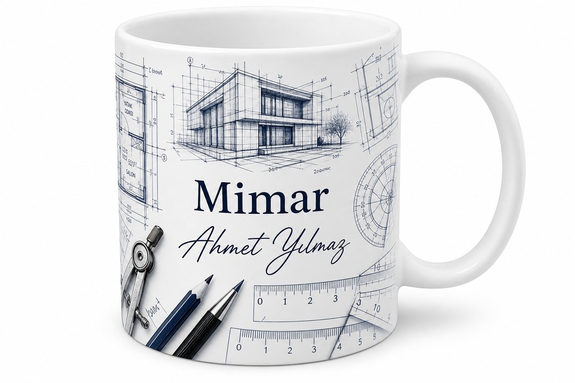 İsimli Kroki Desenli Mimar Kupası Özel Baskılı Hediye Bardak