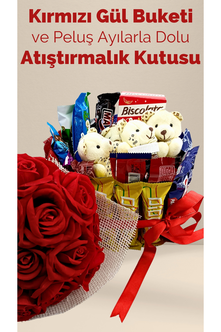 Kırmızı Gül Buketi ve Peluş Ayılarla Dolu Atıştırmalık Kutusu - Romantik ve Eğlenceli Hediye Kutusu