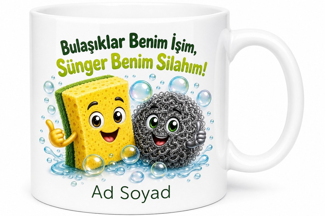 Bulaşık Süngeri Kullananlara Özel Tasarım Çift Taraflı Sünger Tel Sünger Baskılı Kupa Hediye