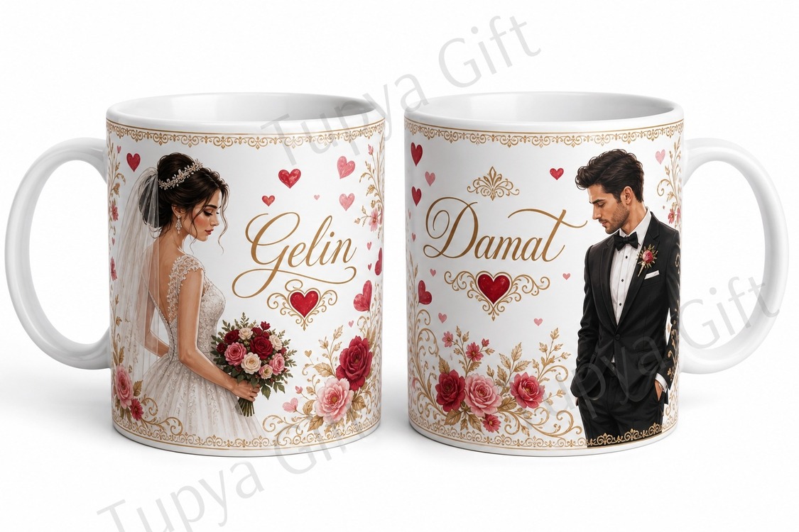 Gelin Damat Kupa Bardak Seti Kişiye Özel Baskılı Hediye Nişan Düğün