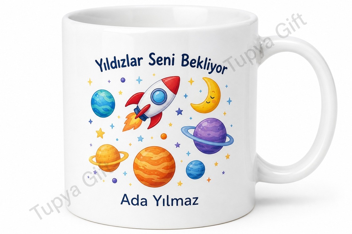 Uzay Temalı Çocuk Hediyesi Kişiye Özel Baskılı Kupa Bardak