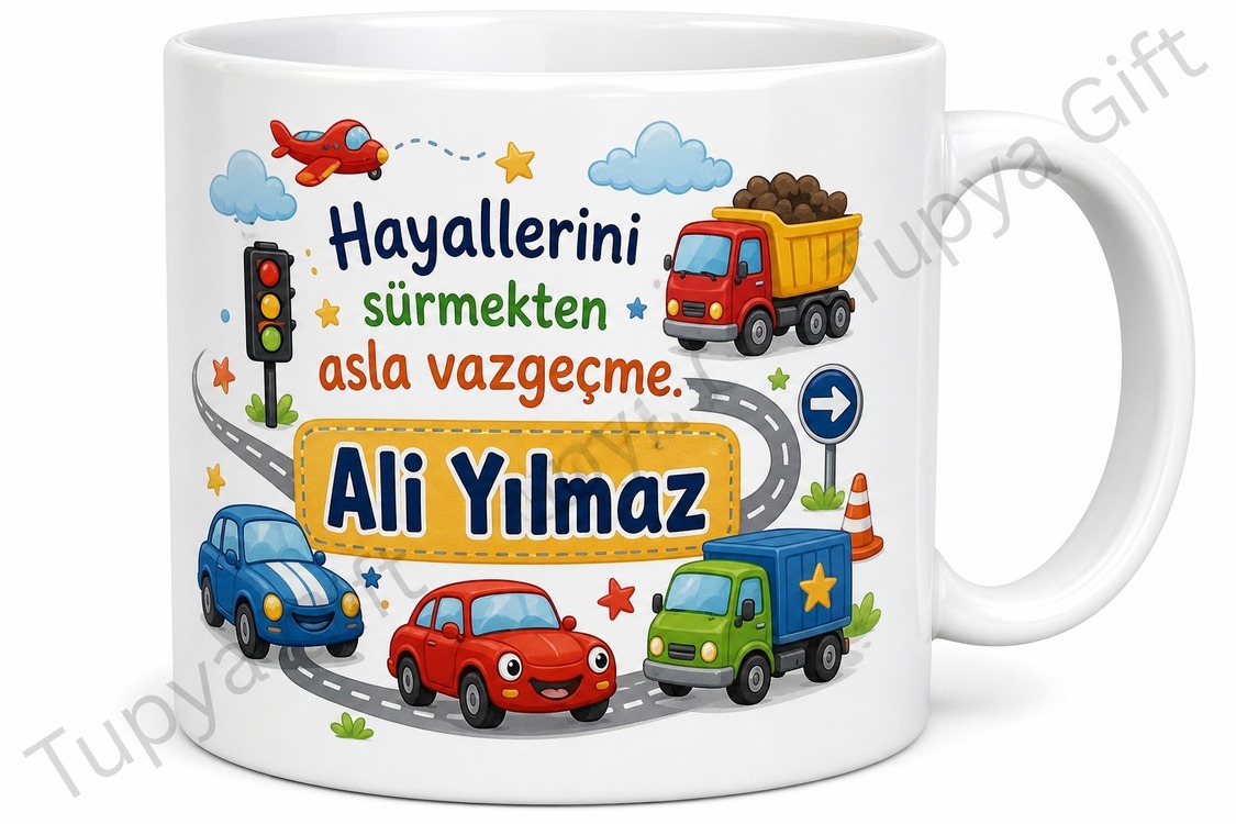 Arabalı Çocuk Kupa Bardak İsme Özel Baskılı Hediye Araba Desenli