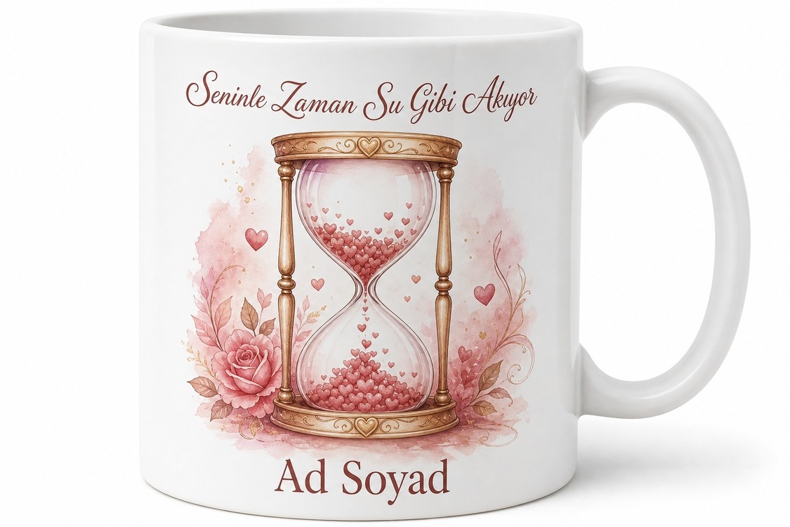 Seninle Zaman Su Gibi Akıyor Kum Saati Akan Kalpler Sonsuzluk Temalı Kupa Bardak Hediye