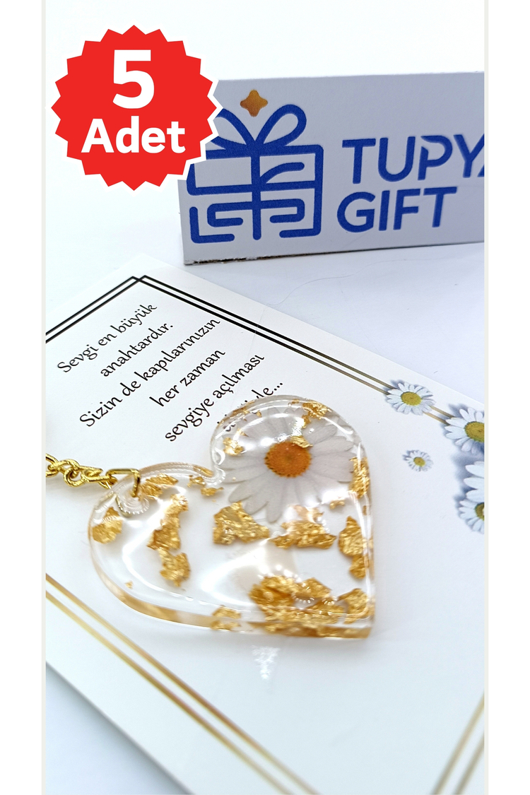 Kişiye Özel Tasarımlı Papatyalı Kalp Anahtarlık Seti (5’li Paket) – Nişan, Düğün ve Tüm Özel Günler