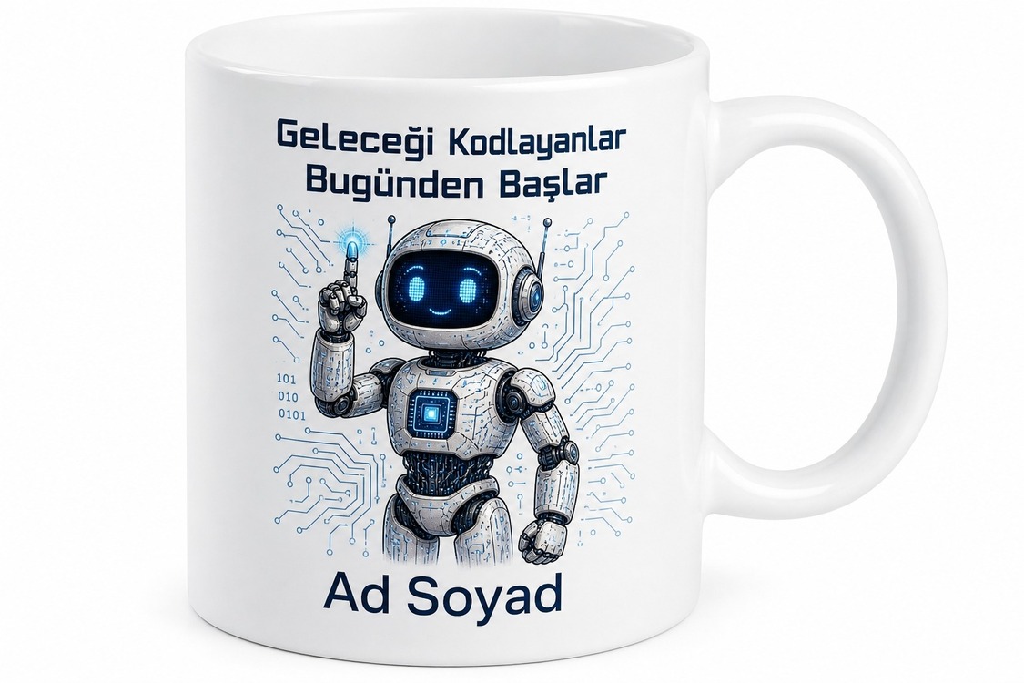 Robot Çizimli Yapay Zeka Temalı Teknolojik Kupa Bardak Hediye