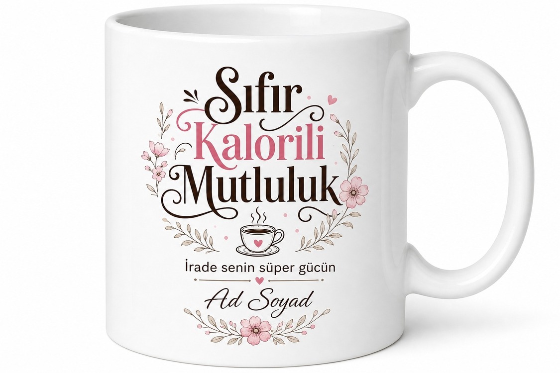 Sıfır Kalorili Mutluluk Yazılı İradeli Kadın Motivasyon Kupası Hediye Bardak