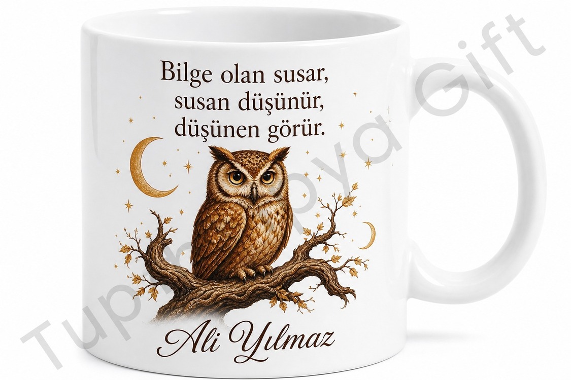 Baykuş Temalı Bilgelik Kupası Özel Baskılı Porselen Kupa Bardak Hediye