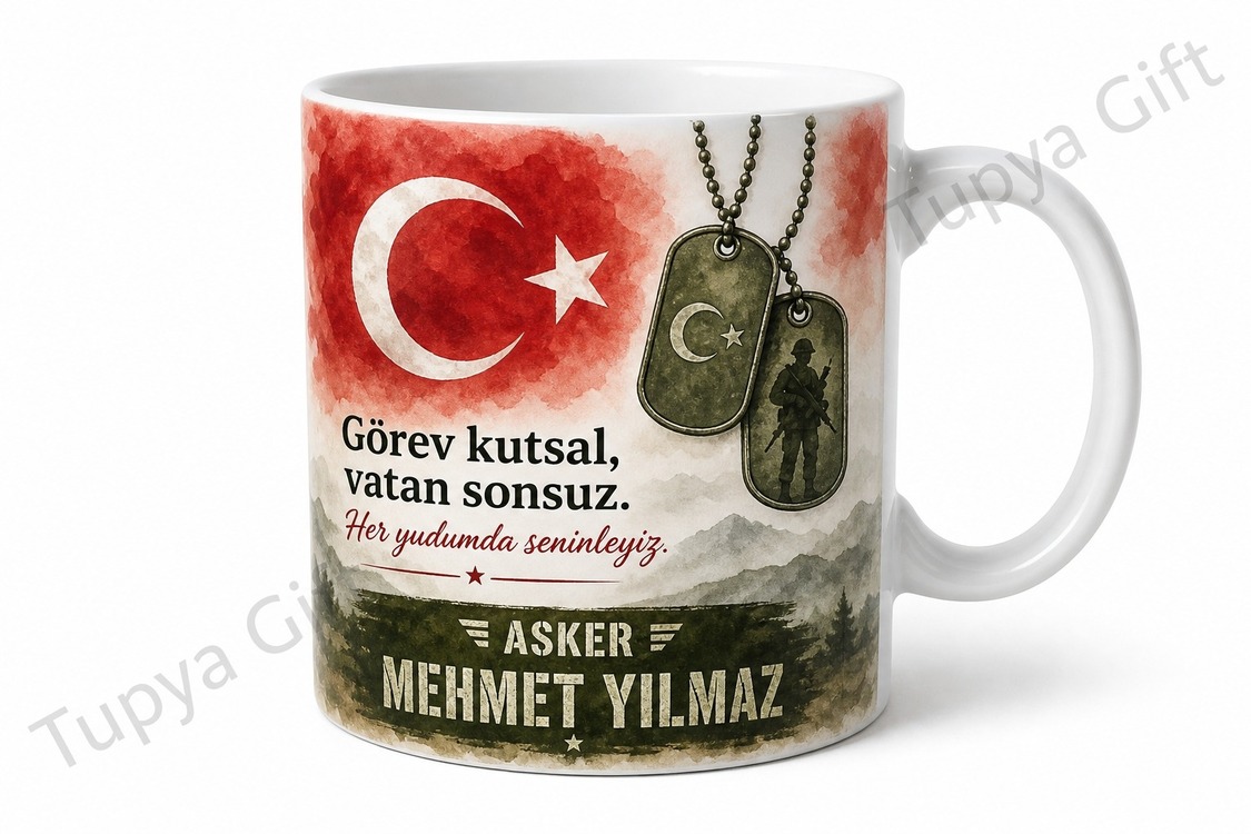 Askere Hediye İsme Özel Baskılı Kupa Bardak Asker Temalı Özel Tasarım