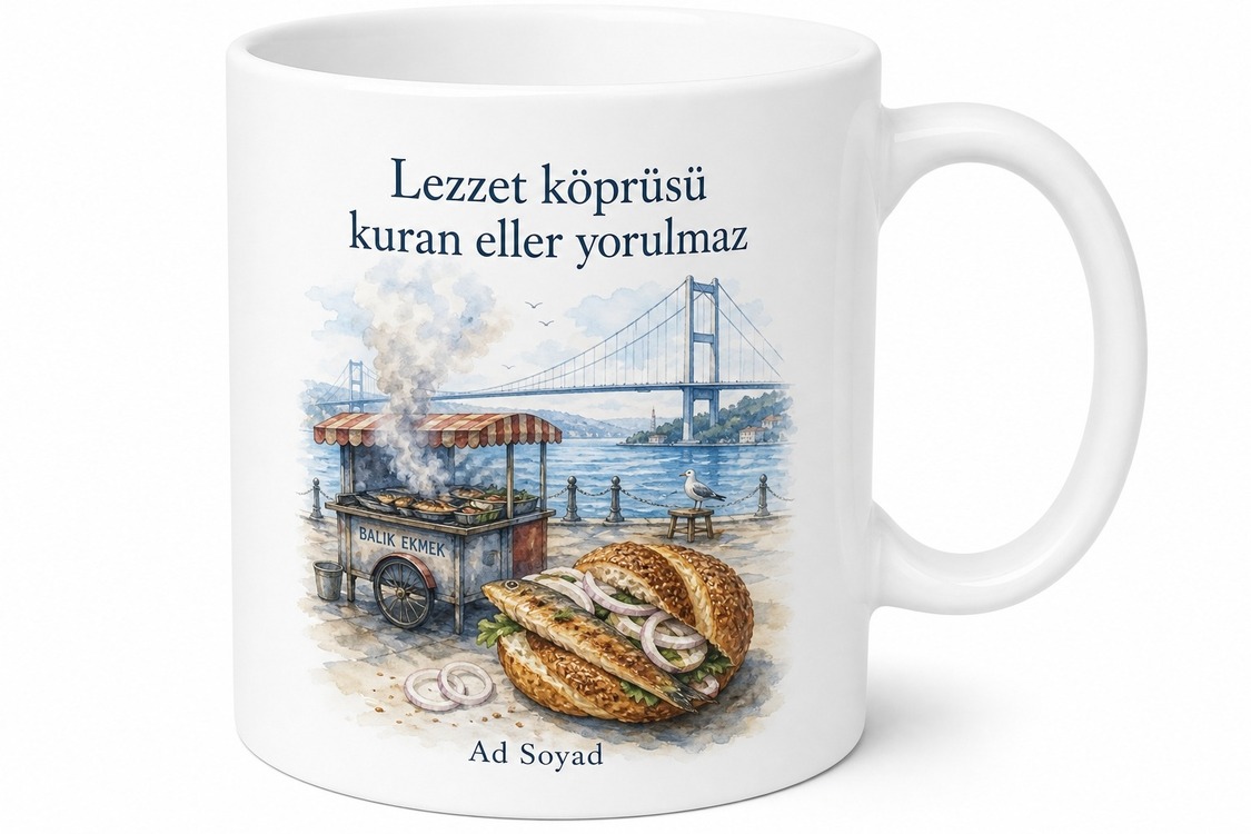 Balık Ekmekçiye Özel Tasarım Kupa Eminönü Boğaz Köprüsü Izgara Balık Hediye Bardak