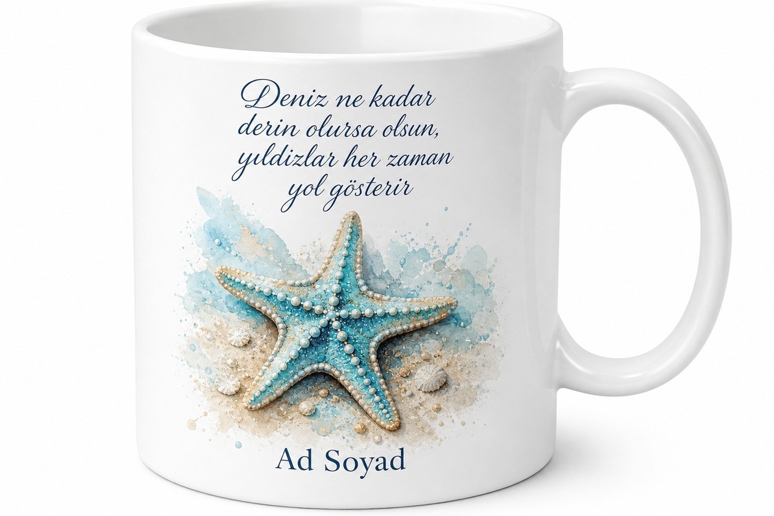 İsimli Denizyıldızı Desenli Baskılı Kupa Bardak Kişiye Özel Hediye