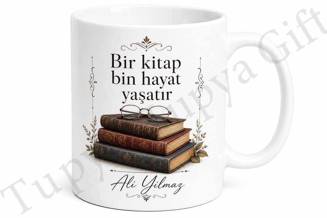 Kitap Kurdu Temalı Baskılı Kupa Bardak Hediye Kitap Okuyucuya Özel Tasarım