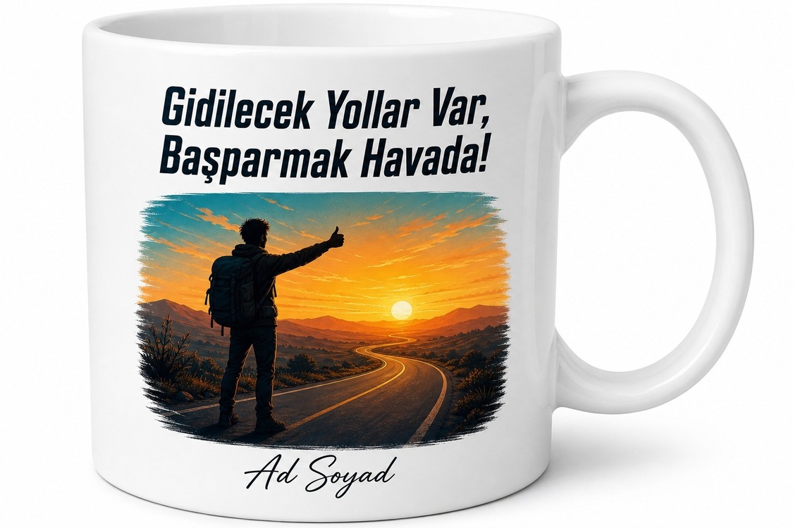 Otostopçulara Özel Gidilecek Yollar Var Başparmak Havada Baskılı Kupa Bardak Hediye