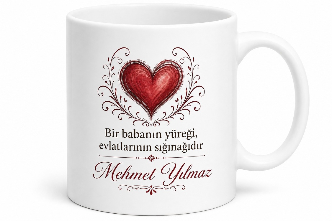 Baba Yüreği Yazılı Kalp Tasarımlı Kupa Bardak Babalar Günü Hediye