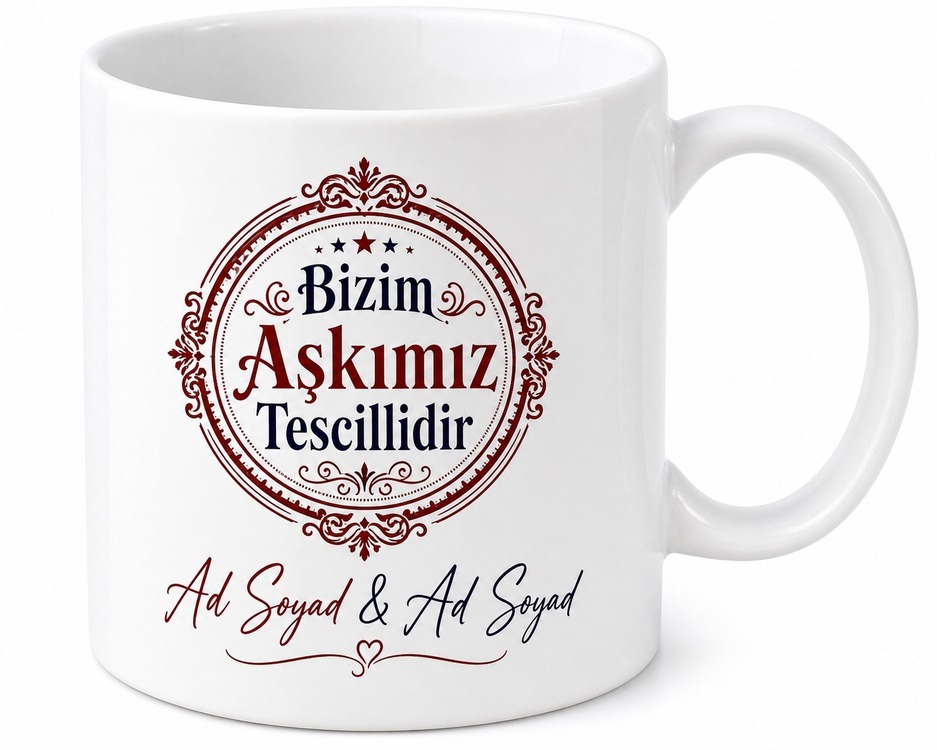 Bizim Aşkımız Tescilli Mühür Kaşe Çizimli Evlilik Nişan Hatırası İsimli Kupa Bardak Hediye