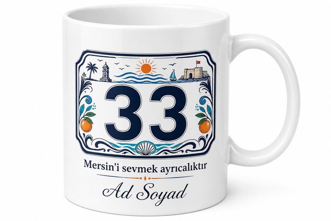 Mersinli Hemşehriye Plakalı Baskılı Kupa Bardak 33 Plaka Hediye