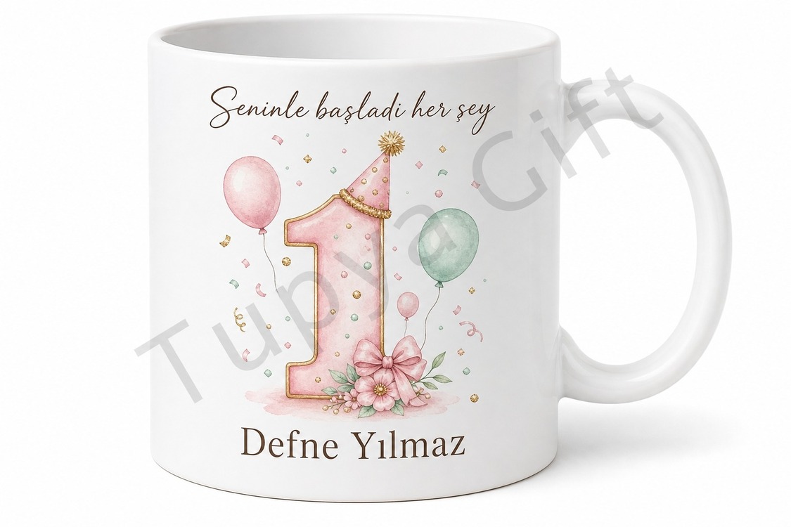 1 Yaş Doğum Günü Hatırası Kupa Bardak Özel Tasarım İlk Yaş Hediyesi