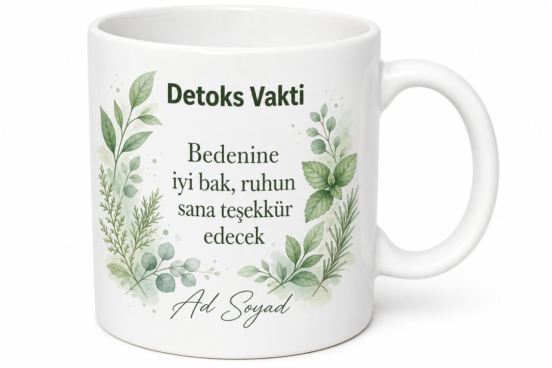 Detoks Vakti Yazılı Sağlıklı Yaşam Tasarımlı Seramik Kahve Kupası Hediye