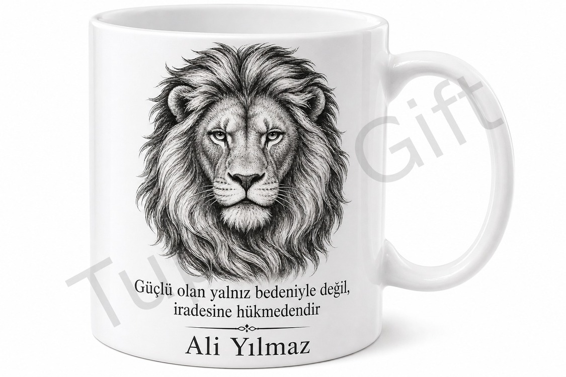 Aslan Temalı Güç Sembolü Baskılı Kupa Bardak Hediye Porselen Mug