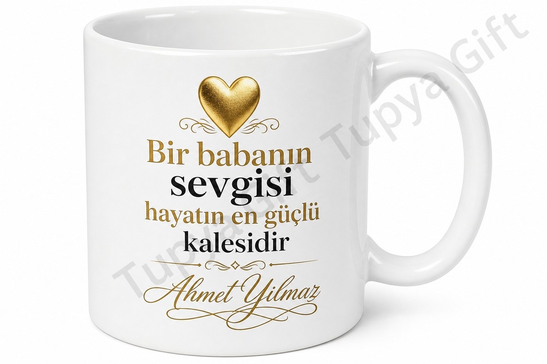 Altın Kalpli Baba Yazılı Özel Kupa Bardak Babalar Günü Hediyesi