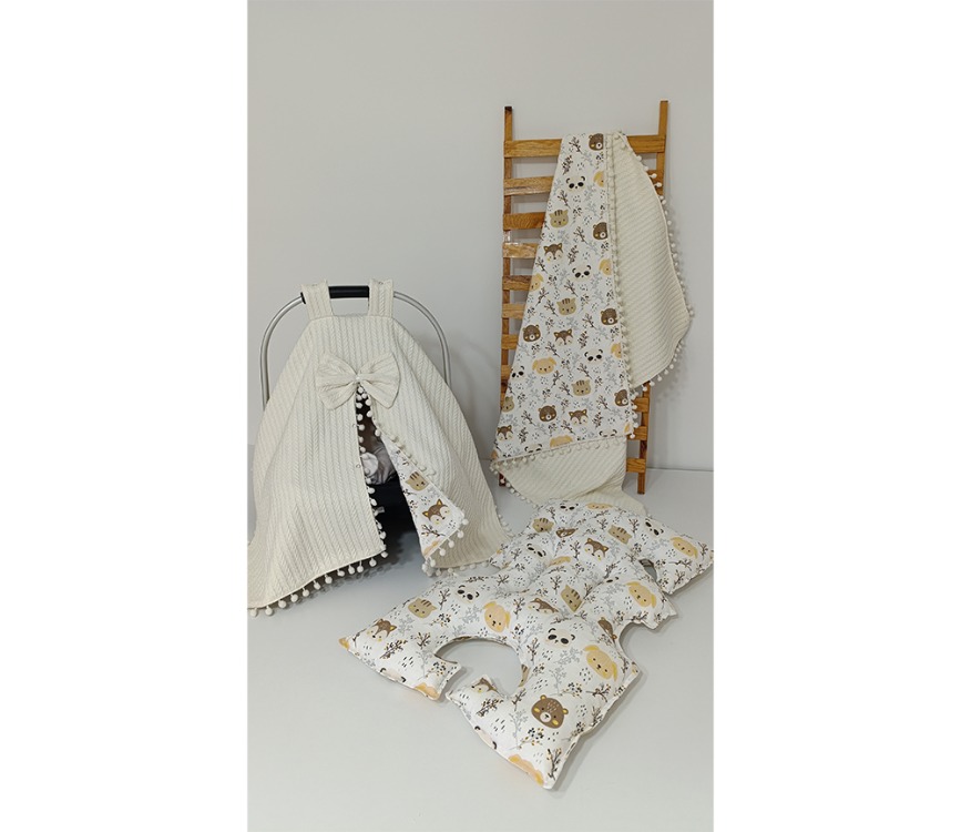 79)Bebek Yenioğan Krem Ayıcık Desenli 3 Lü Set