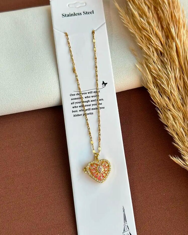 ÇELİK GOLD KALP KAFES KOLYE (PEMBE)