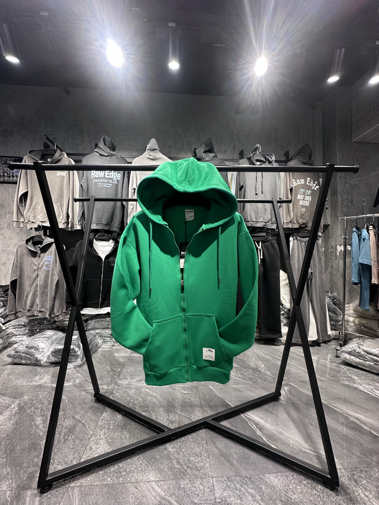 3 iplik Şardonlu Basic Yeşil Fermuarlı Sweatshirt