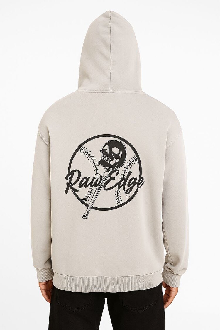 Oversize 3 İplik Asit Yıkamalı Hoodie – Raw Edge Skull Print