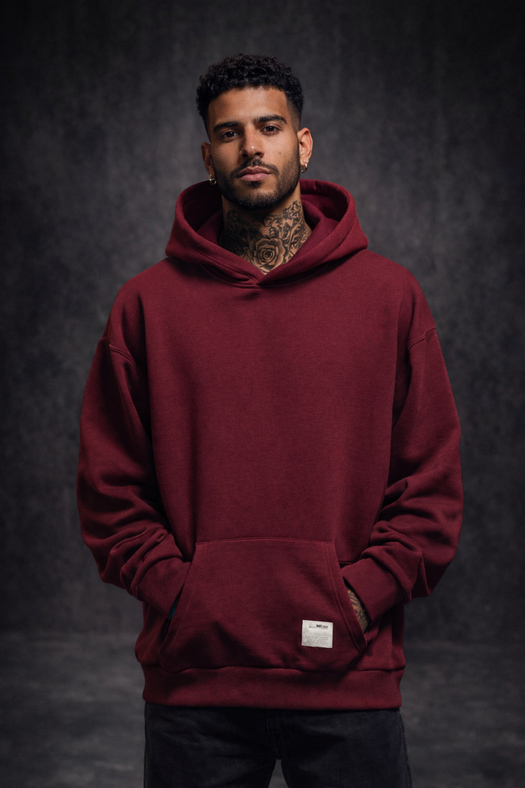 3 iplik Şardonlu Bordo Oversize Hoodie