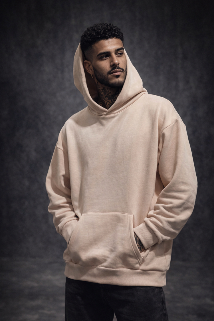 3 iplik Şardonlu Ten Rengi Oversize Hoodie
