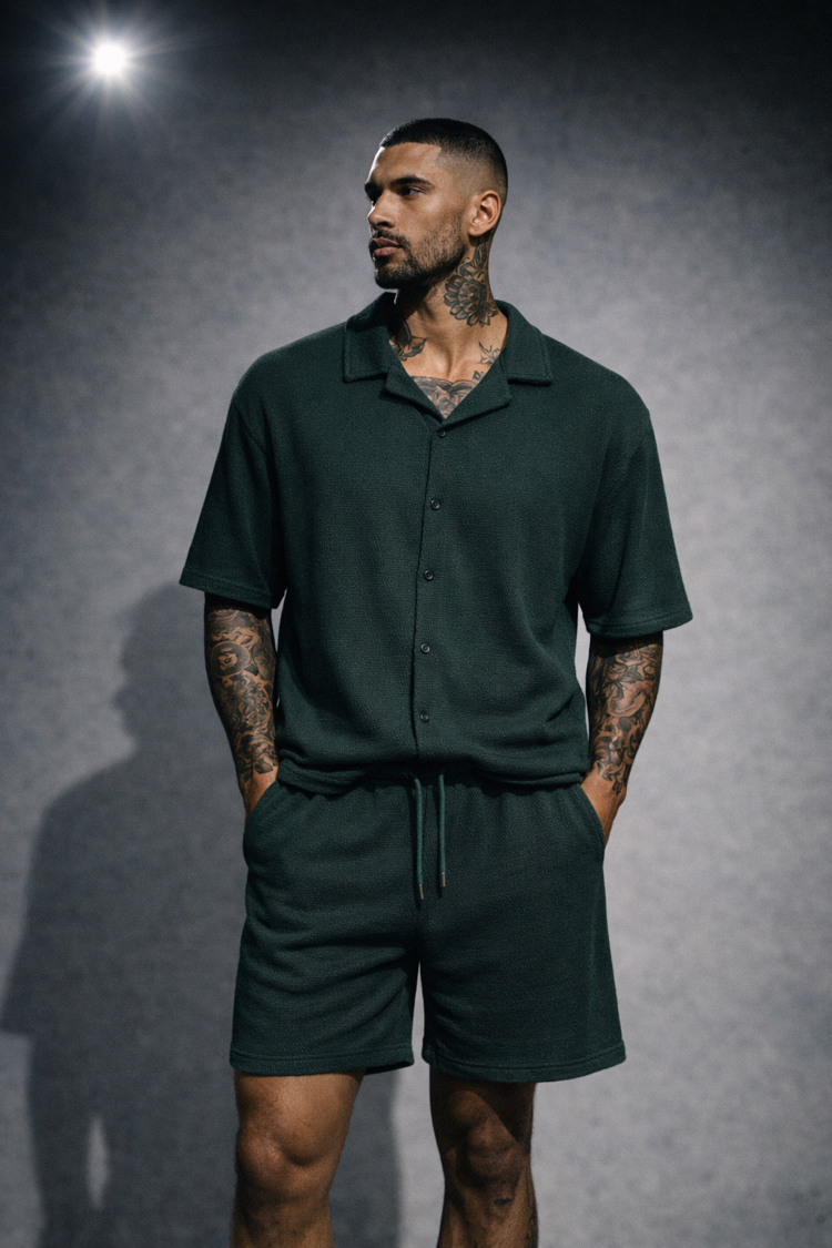 Jakar Dokulu Oversize Yeşil Gömlek & Şort Takım