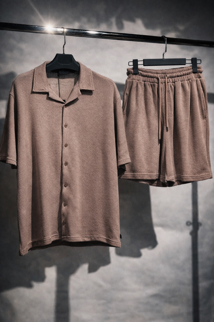 Jakar Dokulu Oversize Açık Kahve Gömlek & Şort Takım
