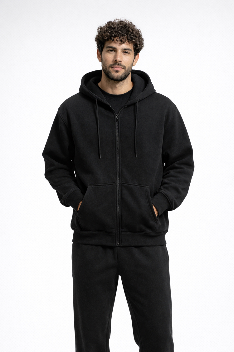 3 iplik Şardonlu Basic Siyah Fermuarlı Sweatshirt