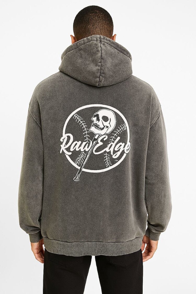Oversize 3 İplik Asit Yıkamalı Hoodie – Raw Edge Skull Print