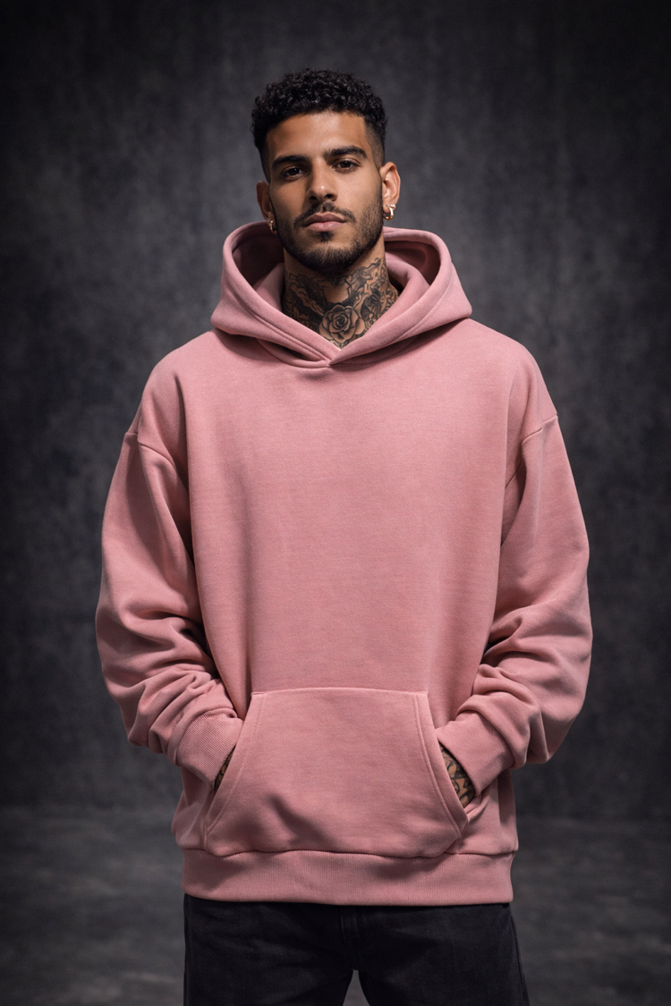 3 iplik Şardonlu Gül Kurusu Oversize Hoodie