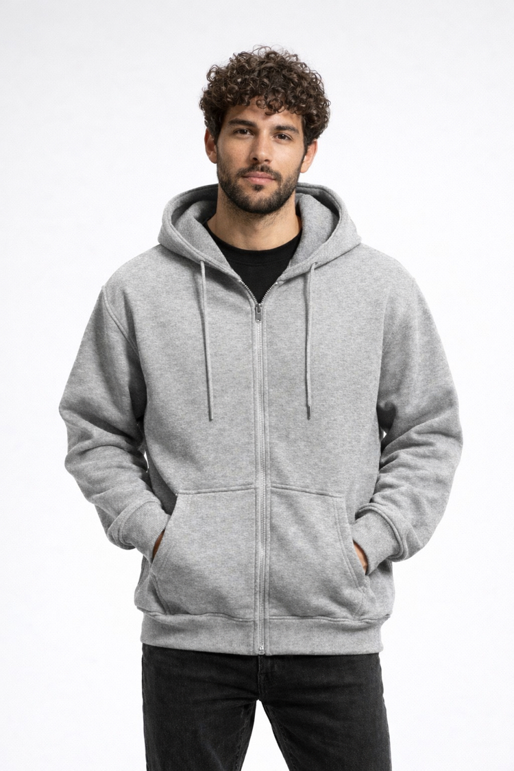 3 iplik Şardonlu Basic Gri Melanj Fermuarlı Sweatshirt