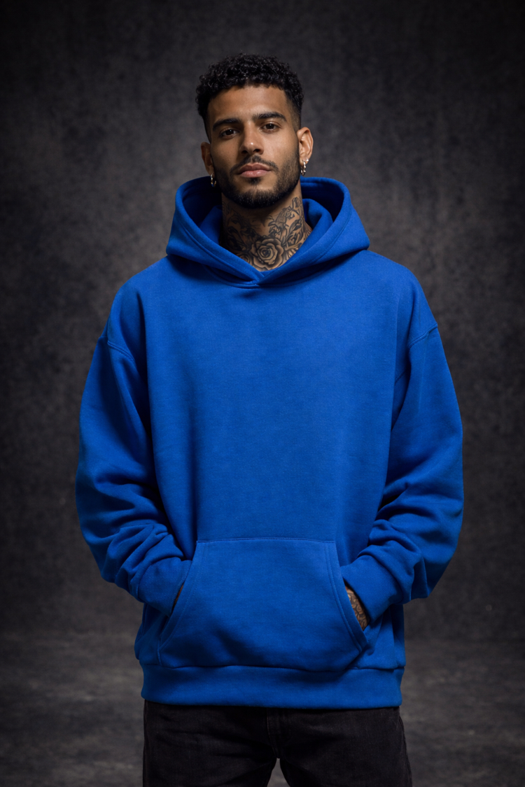 3 iplik Şardonlu Mavi Oversize Hoodie