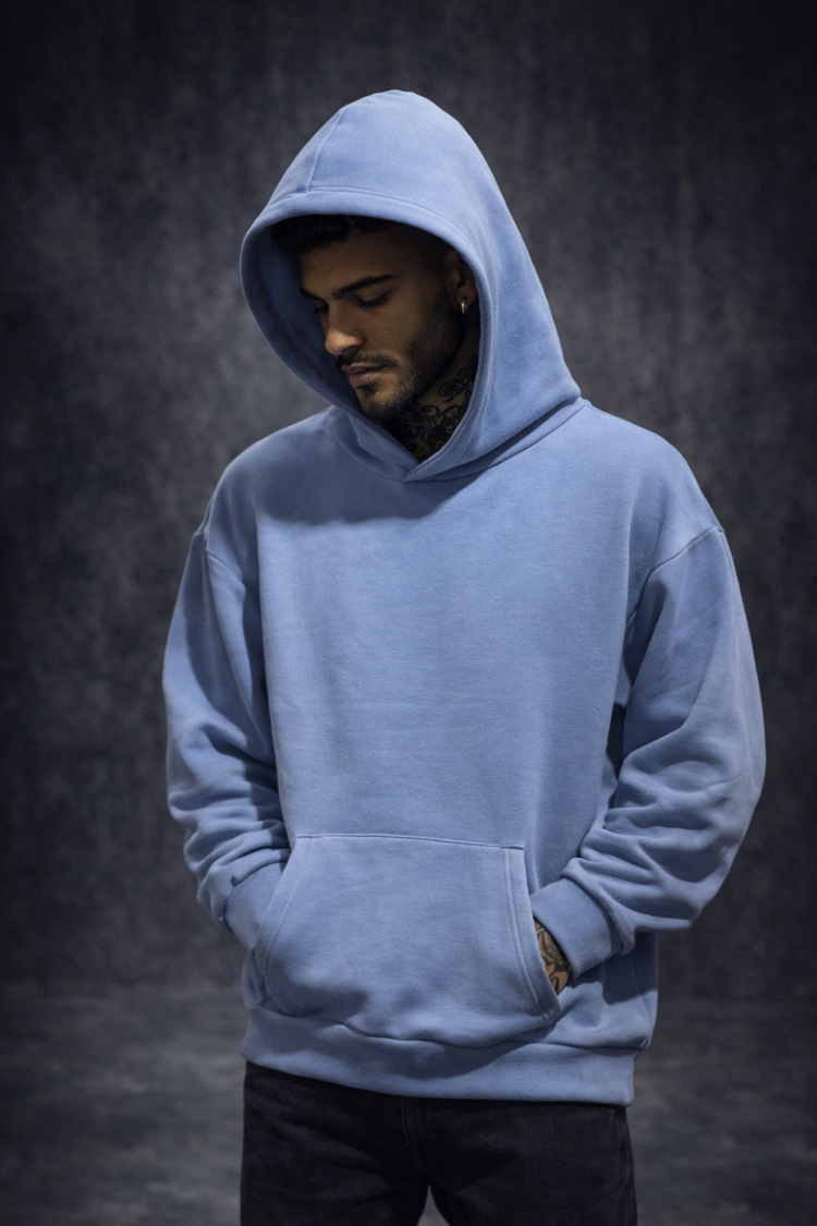 3 iplik Şardonlu Bebe Mavi Oversize Hoodie