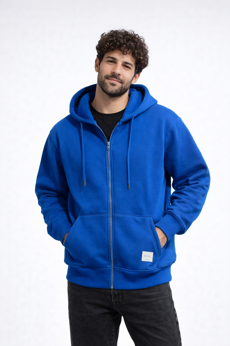 3 iplik Şardonlu Basic Mavi Fermuarlı Sweatshirt