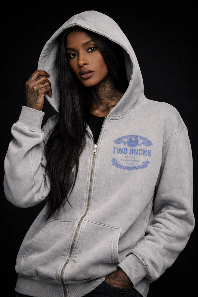 TwoBucks Asid Yıkama Oversize Gri Fermuarlı Hoodie