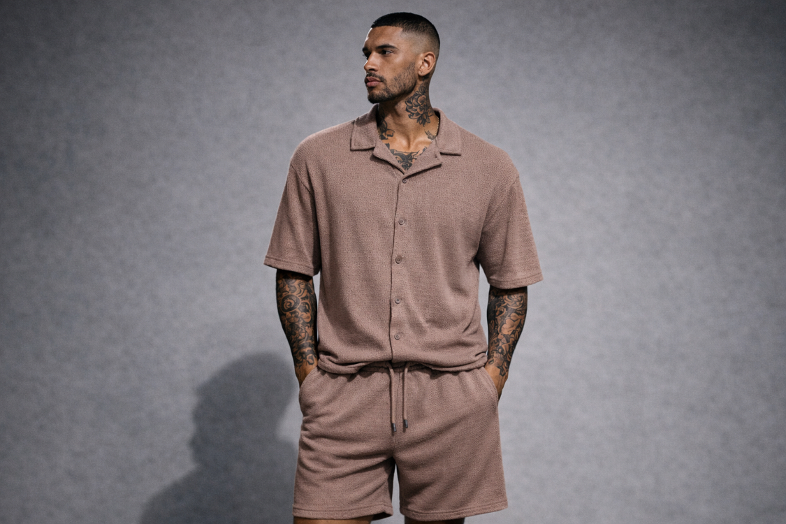 Jakar Dokulu Oversize Açık Kahve Gömlek & Şort Takım